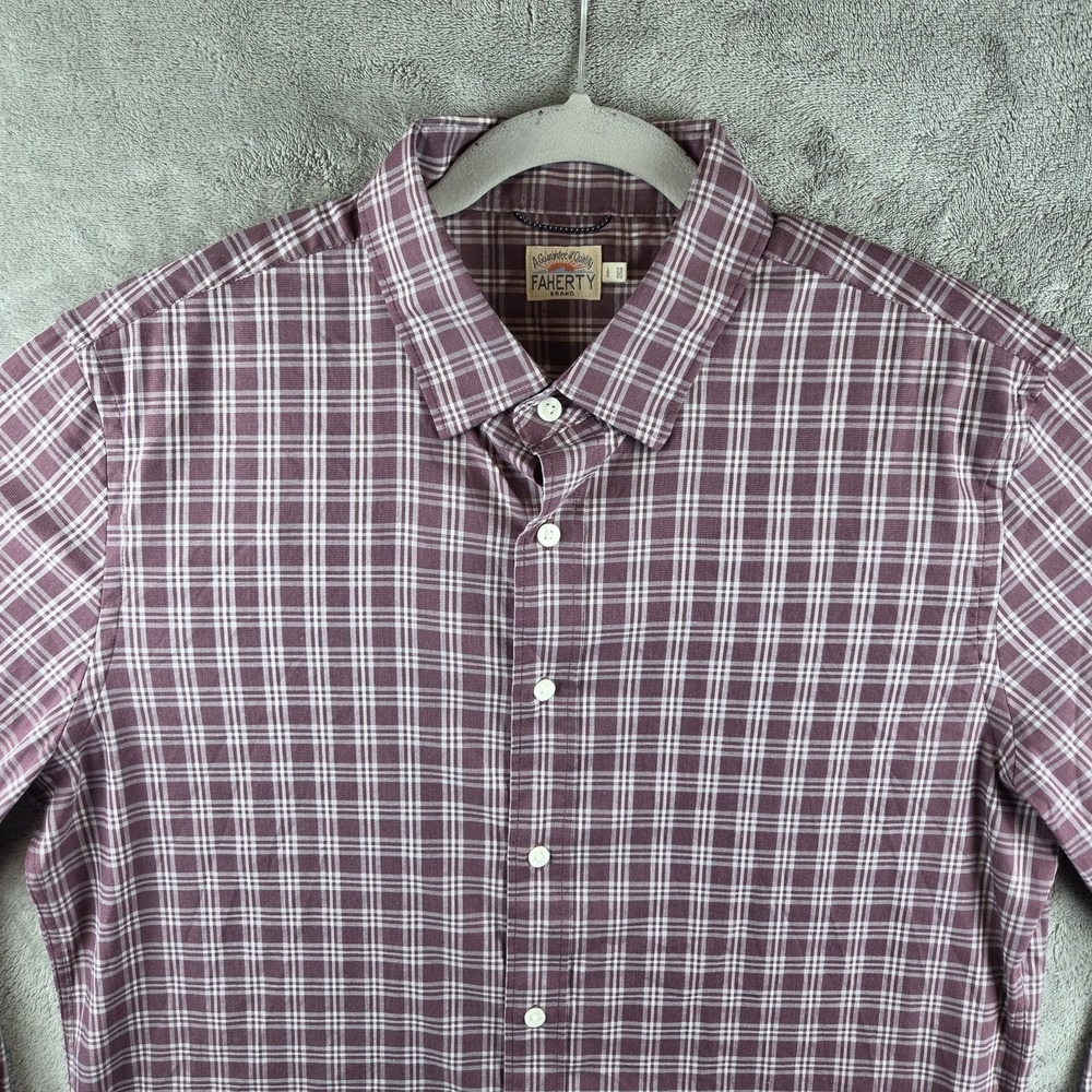 Faherty Movement Burgundy Check Button Down Shirt Mens L‎ Supima Cotton Blend